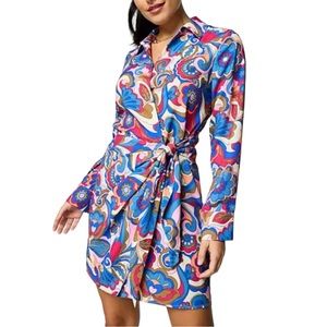 Intempo Wrap Dress Large Mod Paisley Blue Pink Long Sleeve